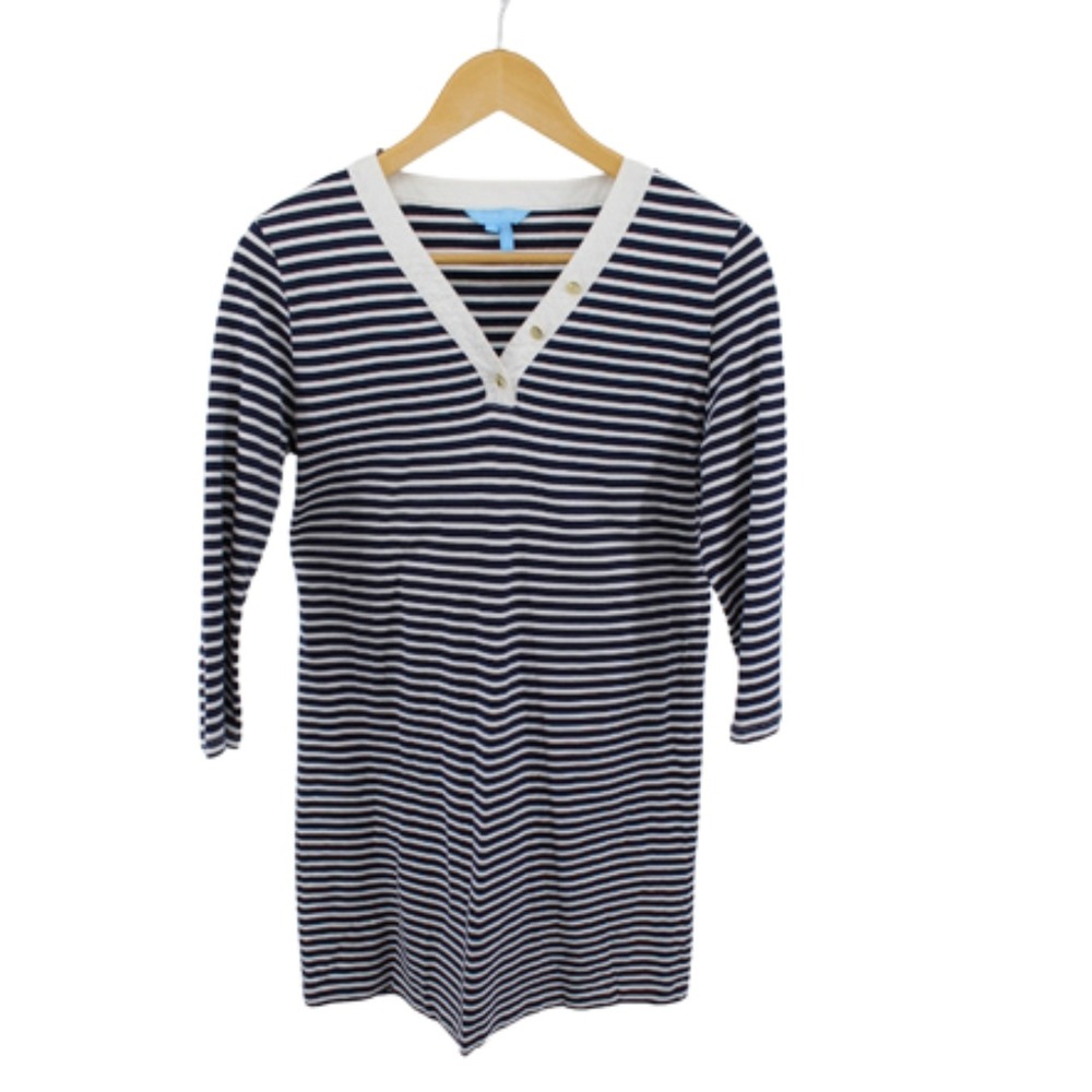 Draper James‎ Striped Dress Womens M Navy White V Neck 3/4 Sleeve Preppy Casual